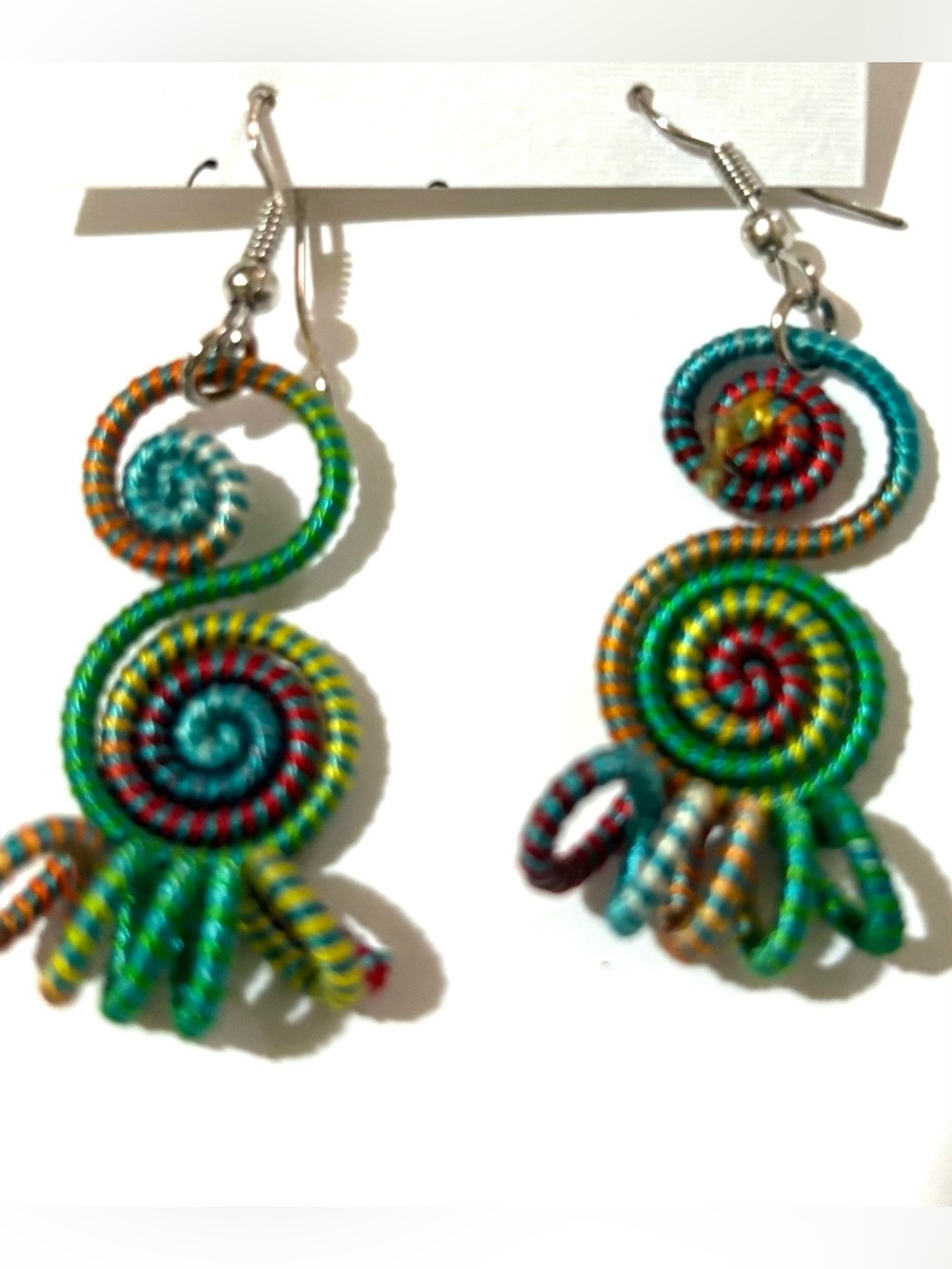 Colorful Spiral Drop Earrings in Teal, Green & Multicolor